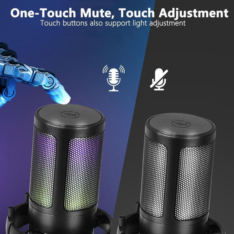 USB Microphone with Shockproof Stand & Colorful RGB Light, Plug & Play Noise Cancelling Microphone for Recording, Conferences & Gaming