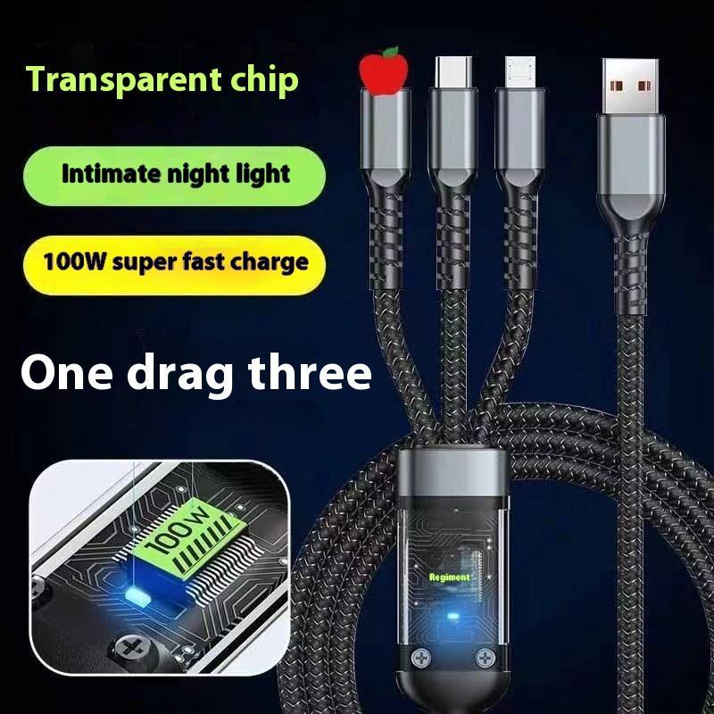 3 In 1 USB Data Cable, 100W Type C Data Cable, Super Fast Charging Cable, Aluminum Cellphone Charger Cable for iPhone Huawei Vivo OPPO