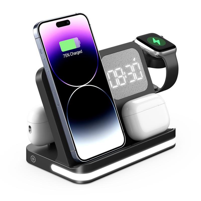 4-in-1 Wireless Charger Station for iPhone  AirPods   iWatch, Compatible Charger Stand with Night Lamp and Clock (Black)