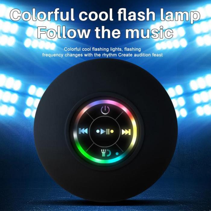 Mini Bluetooth Shower Speaker with LED light, Portable IPX4 Waterproof, Hands-Free Speakerphone. Rechargeable Using Micro USB, Wireless Stereo for Beach, Shower & Home Audio Button