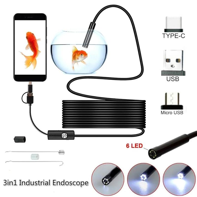 USB Endoscope Borescope, Multipurpose 6 LED Waterproof Snake Camera for Android Micro USB Type-C, Car Inspection Tool