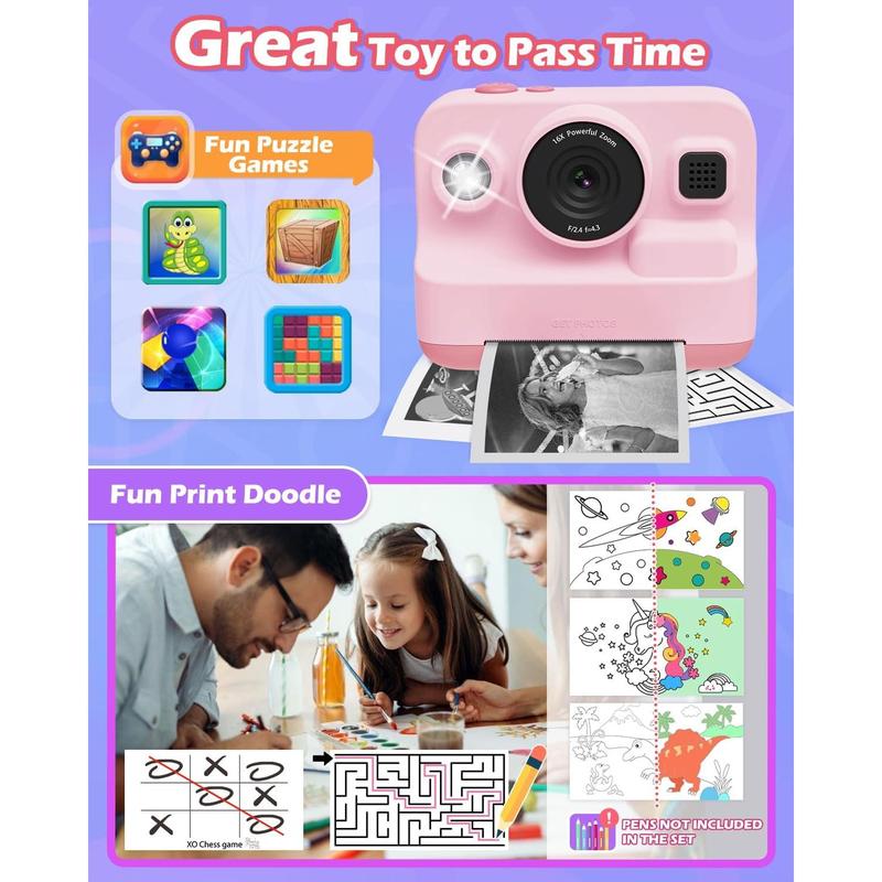 Instant Print Camera for , 2.4 Inch Screen  Camera for Girls with 3 Print Paper, Birthday Gift for Girls Boys  3-12, 1080P Instant Camera Toys for  6 7 8 Year Old Girl Pink