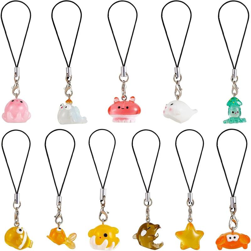 11Pcs Resin Ocean Animal Phone Strap Charms Pendants Decoration Kawaii Cell Phone Bag Charms