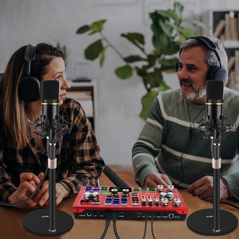 Hayner-Seek Podcast Equipment Bundle for 2, Audio Mixer with Condenser Microphone and 48V Phantom Power Supply Audio Interface for Live Stream Record Game