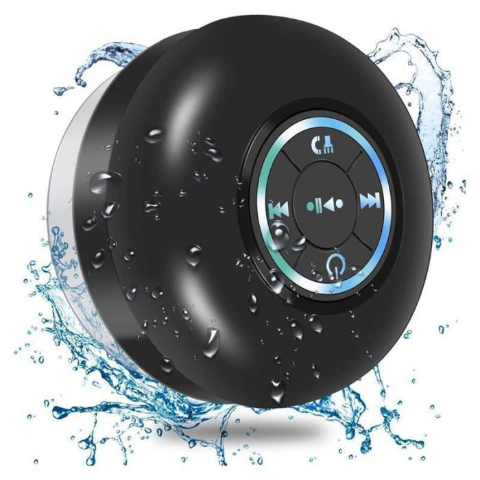 Mini Bluetooth Shower Speaker with LED light, Portable IPX4 Waterproof, Hands-Free Speakerphone. Rechargeable Using Micro USB, Wireless Stereo for Beach, Shower & Home Audio Button