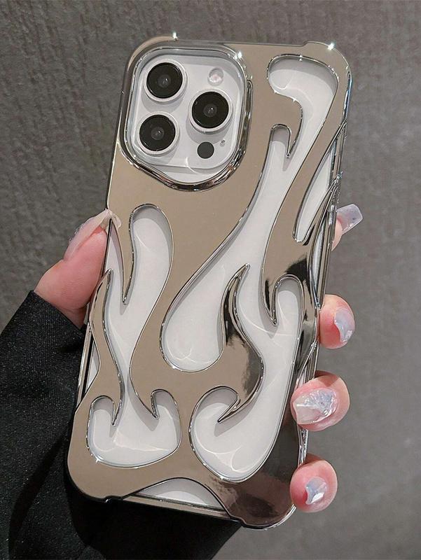 Silver Electroplated Hollowed Fire Flame Phone Case for iPhone 15 14 13 12 11 Pro Max Plus - Cool Boy Girl Soft Cover Creative Gift Shell - Accessories, Handheld