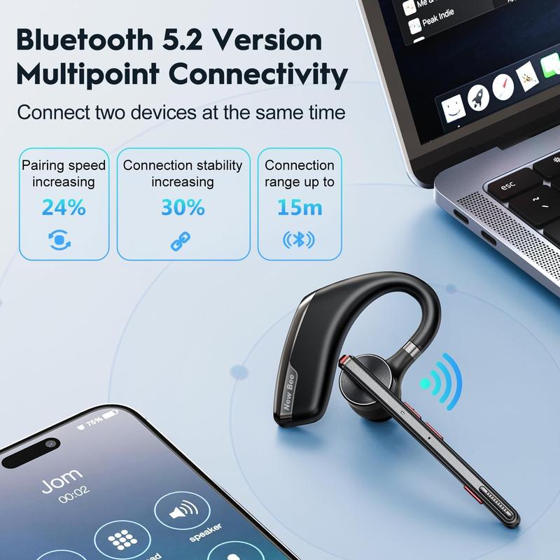 New bee Bluetooth Trucker Headset, Wireless Bluetooth Earpiece for Cellphone with 500mah Charging Case 80h Playtime V5.2 Dual Mic Noise Cancelling Hands-Free Earphones for Office Driver Audio Headphones Earbud Electronic Chargeable