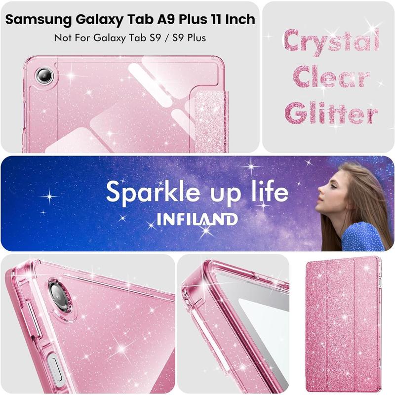 Case for Galaxy Tab A9 Plus 5G, Glitter Cover with Sparkly Clear Back for Samsung Galaxy Tablet A9+ A9 Plus 11 Inch 2023 Model (SM-X210 X216 X218)[Auto Wake Sleep] for Girls Kids Pink