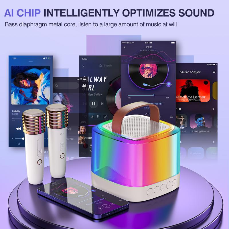 2024 new portable karaoke, Bluetooth dual microphone super sound, wireless free singing non-stop. The mini body has great energy, and the colorful lights flicker to add childlike fun Card Card Compact Digital Mobile Smartphone Audio Rechargeable Birthday