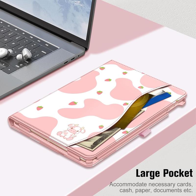 Multi-Angle Viewing Stand Cover with Pocket & Pencil Holder, Auto Sleep Wake, Strawberry Cow