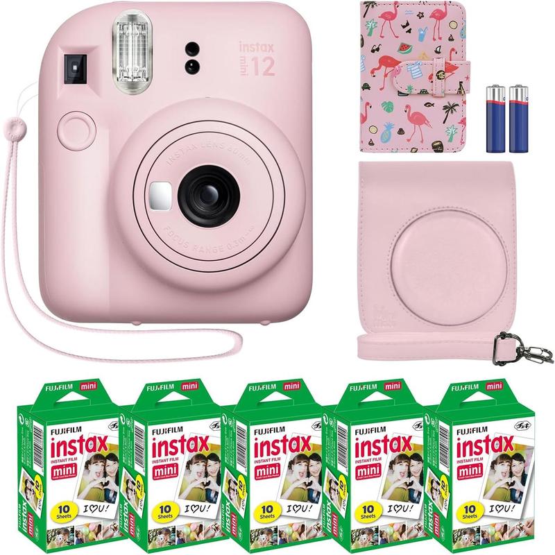 Fujifilm Instax Mini 12 Instant Camera + MiniMate Accessory Bundle & Compatible Custom Case + Fuji Instax Film Value Pack (50 Sheets) Flamingo Designer Photo Album (Blossom Pink)