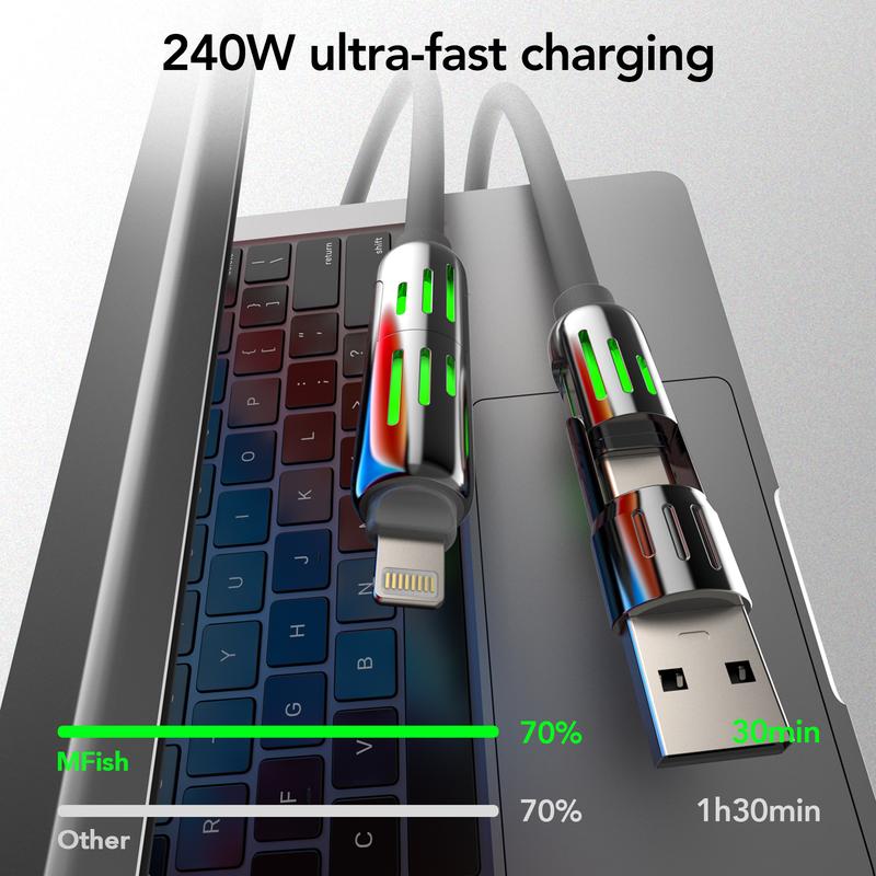 6.6ft 240W 4-in-1 USB Charging Cable - m fish Fast Charging for A+ TYPE C and Lightning fast charge for iphone 13 14 15 16，ipad,huawei，Android