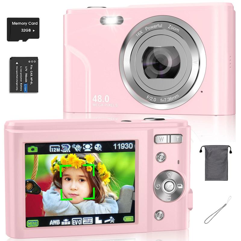 Auto Focus Digital Camera, 1 Count Full HD 1080P 48MP Mini Digital Cameras with 32G Memory Card, Ff (F 3.2, f=7.36mm), 16x Zoom Cameras for Pictures, Mini Camera, Digital Cameras for Teenagers Beginners, Point Shoot Cameras