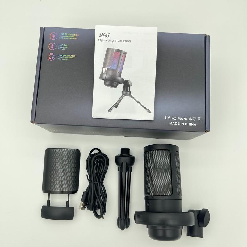 USB Microphone with Shockproof Stand & Colorful RGB Light, Plug & Play Noise Cancelling Microphone for Recording, Conferences & Gaming