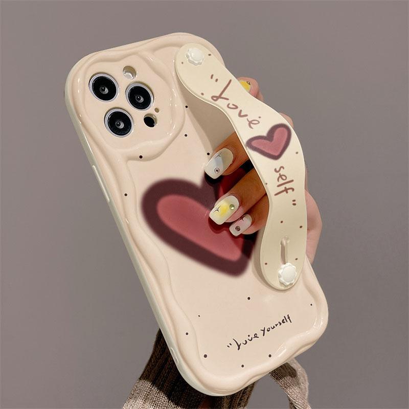 Creative Heart Pattern Phone Case with Wristband, Decorative Phone Protector Cover, Fashion Phone Accessories Compatible with iPhone 15 14 13 12 11 8 7 Series