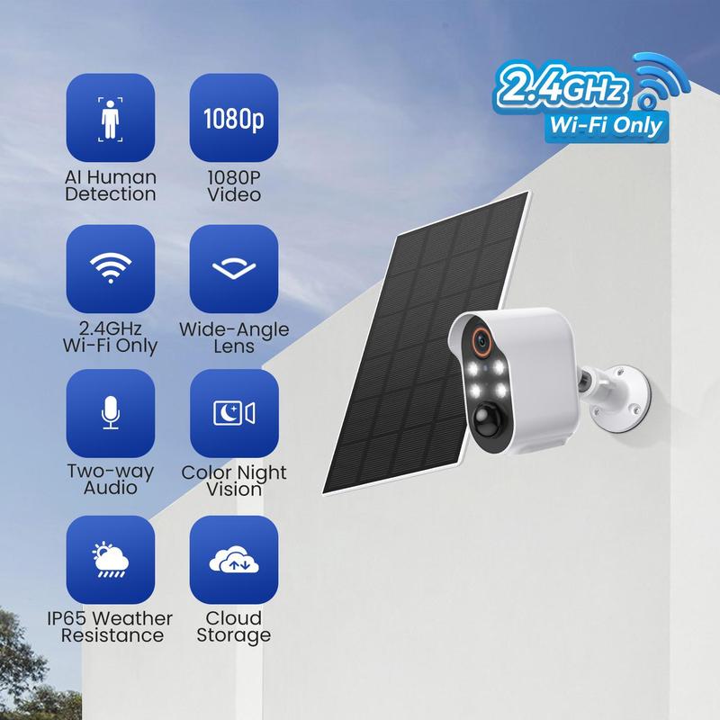 Solar Powered Wireless Security Cameras, 2.4GHz WiFi Only AI Human Detection Camera Security with Night-Vision, Outdoor Camera, Wireless Camera with 2-way Talk & Cloud Storage Service for Outdoor Home Security, Outdoor Security Monitoring