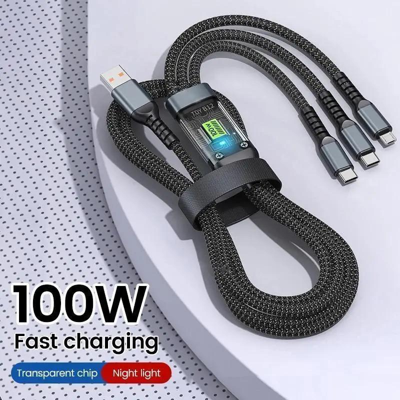 3 In 1 USB Data Cable, 100W Type C Data Cable, Super Fast Charging Cable, Aluminum Cellphone Charger Cable for iPhone Huawei Vivo OPPO