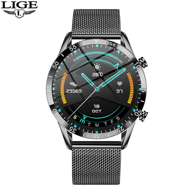 LIGE Luxury Full Circle Touch Screen Men Smart Watch Bluetooth Call Steel Band Waterproof Sports Fitness Watch For Android IOS