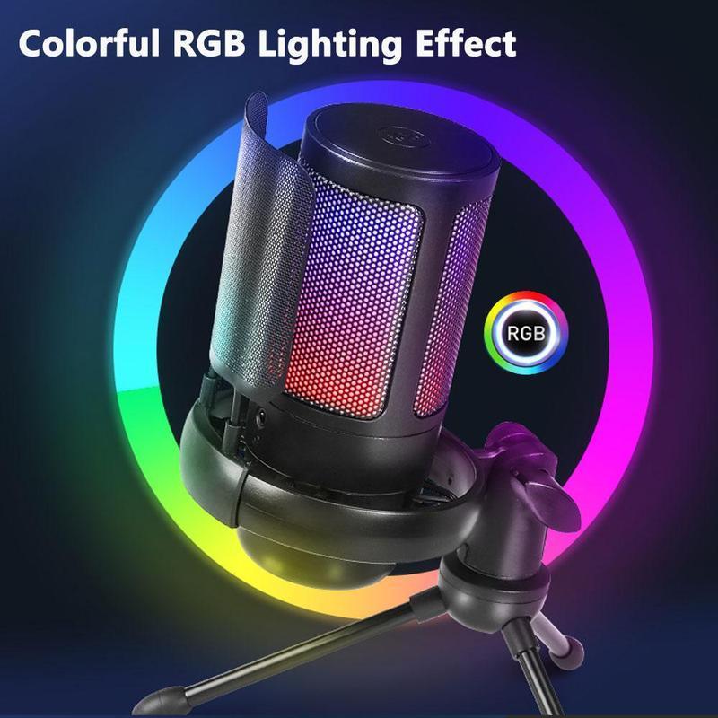 USB Microphone with Shockproof Stand & Colorful RGB Light, Plug & Play Noise Cancelling Microphone for Recording, Conferences & Gaming