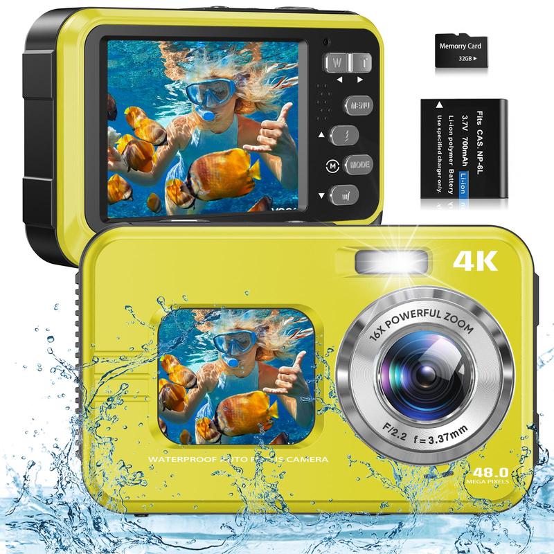 48MP Waterproof Digital Camera, Dual Screen 10ft Auto Focus Waterproof Camera Digital, 4K Video Resolution 16X Digital Zoom Underwater Camera, Vintage Digital Camera, Digital Cameras, Digital Cam, Outdoor Camera