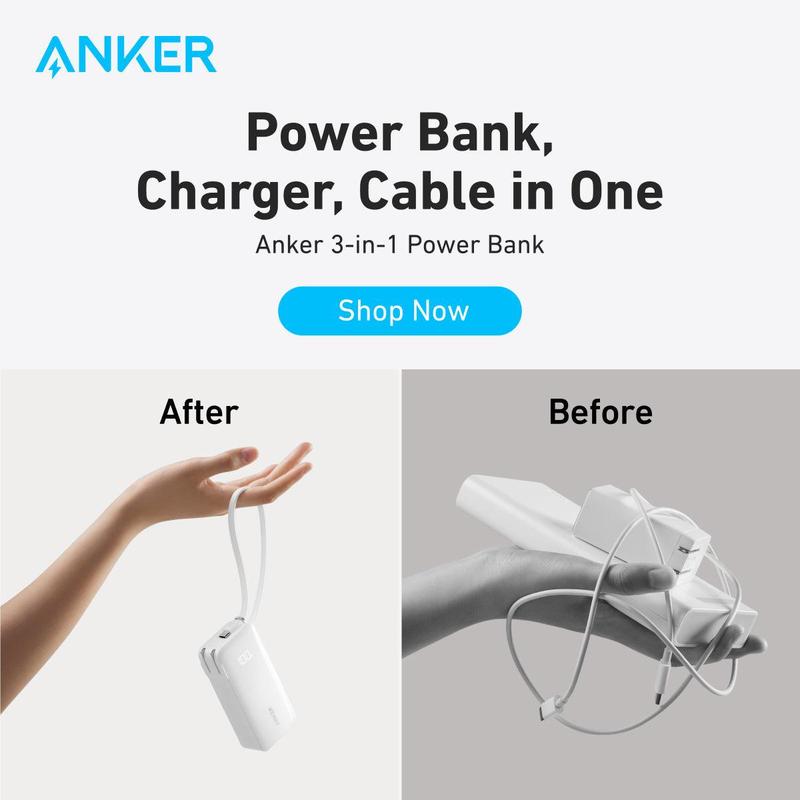 Anker 3in1 Power Bank Charger, 5,000mAh 10,000mAh Portable Charger with Built-in Cable and Foldable AC Plug, 30W Max, for iPhone, Galaxy, MacBook and More