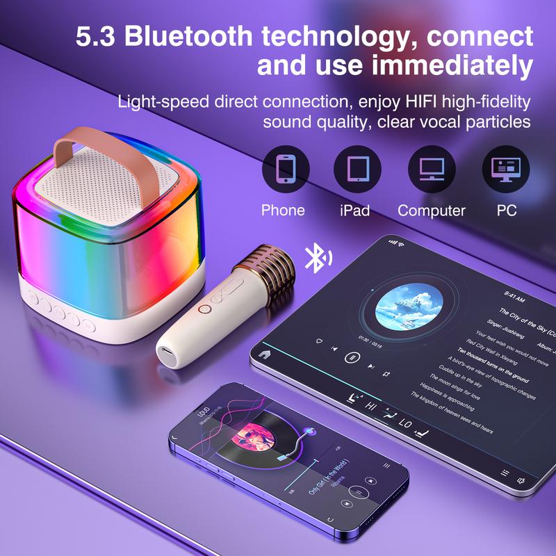 2024 new portable karaoke, Bluetooth dual microphone super sound, wireless free singing non-stop. The mini body has great energy, and the colorful lights flicker to add childlike fun Card Card Compact Digital Mobile Smartphone Audio Rechargeable Birthday