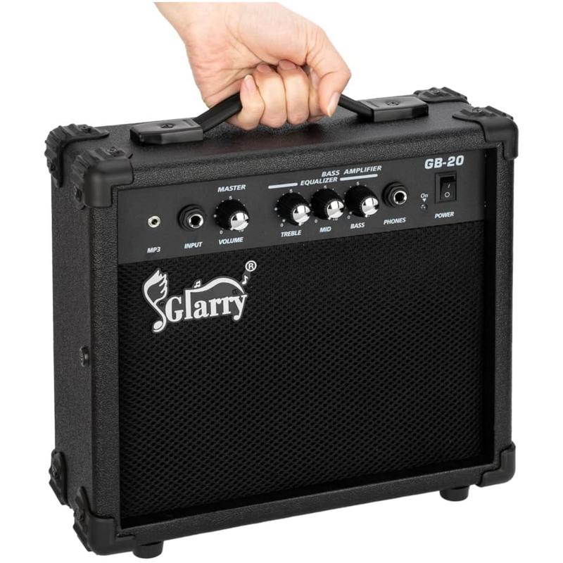 Glarry Electric Bass Combo Amp, Portable Amp with Headphone MP3 Input, 20W Practice Bass Guitar Amplifier Speaker Accessories with Bass, Volume, Treble, and Middle Controls Audio Noise Plastic Protection Socket Watts Smartphone