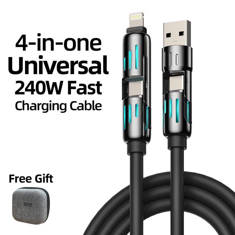 MFish 240W 4-in-One USB Charging Cable (+Free Storage Bag), Fast Charging,USB A+TYPE C+ Lightning Multi Functional Aluminum Alloy, Smartphone