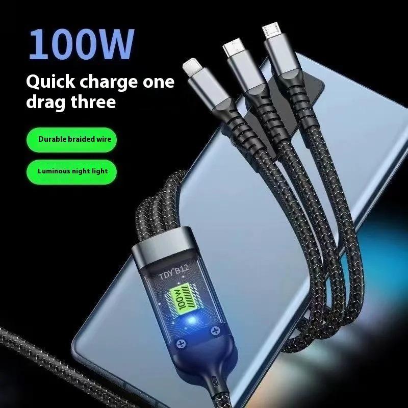 3 In 1 USB Data Cable, 100W Type C Data Cable, Super Fast Charging Cable, Aluminum Cellphone Charger Cable for iPhone Huawei Vivo OPPO