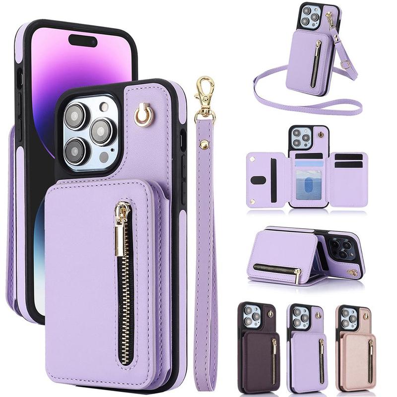 PU Leather Zipper Wallet Phone Case with Lanyard, 1 Count Shockproof Phone Case with Card Slot, Phone Accessories for iPhone 16 15 14 13 12 11 Series