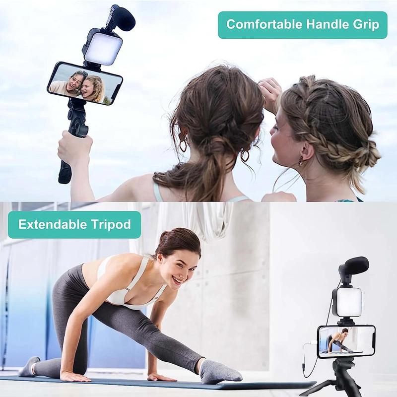 Video Making Kit, 1 Set Portable Tripod & LED Light & Microphone & Phone Clip & Audio Cable, Video Making Tool for Beginners, Camera Accessories