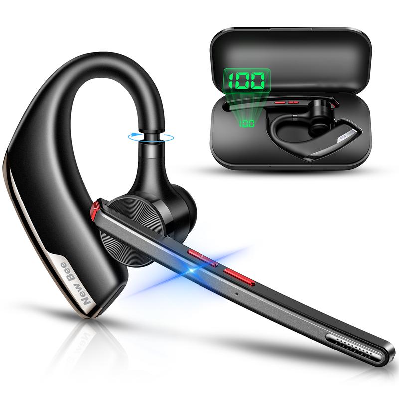 New bee Bluetooth Trucker Headset, Wireless Bluetooth Earpiece for Cellphone with 500mah Charging Case 80h Playtime V5.2 Dual Mic Noise Cancelling Hands-Free Earphones for Office Driver Audio Headphones Earbud Electronic Chargeable