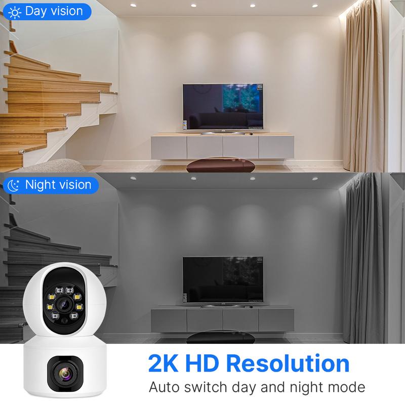 2K 360° PTZ Dual Lens PTZ Indoor Security Camera, 2.4G WiFi Smart Cam for Home, w Night Vision, Motion Detection, 2-Way Audio, Cloud & SD Card Storage