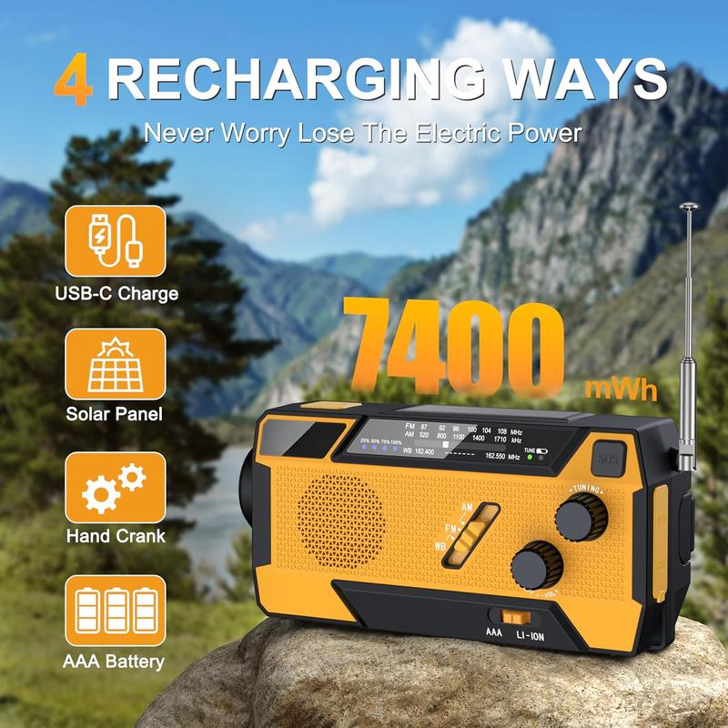 Emergency Weather Radio 7400mWh Emergency Crank Radio 3 in 1 Charging Cable Hand Crank Solar Radio with NOAA AM FM Power Bank SOS Alert Flashlight for Emergency Camping Storm Survival