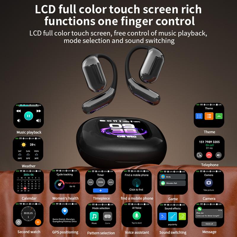 Touch screen OWS open ear earbuds Bluetooth 5.4 IPX5 waterproof 40H play time headset HIFI sound Fullcolor display Headphones with charging case Light-weight sports ANC noise reduction Audio Electronic ows headphone