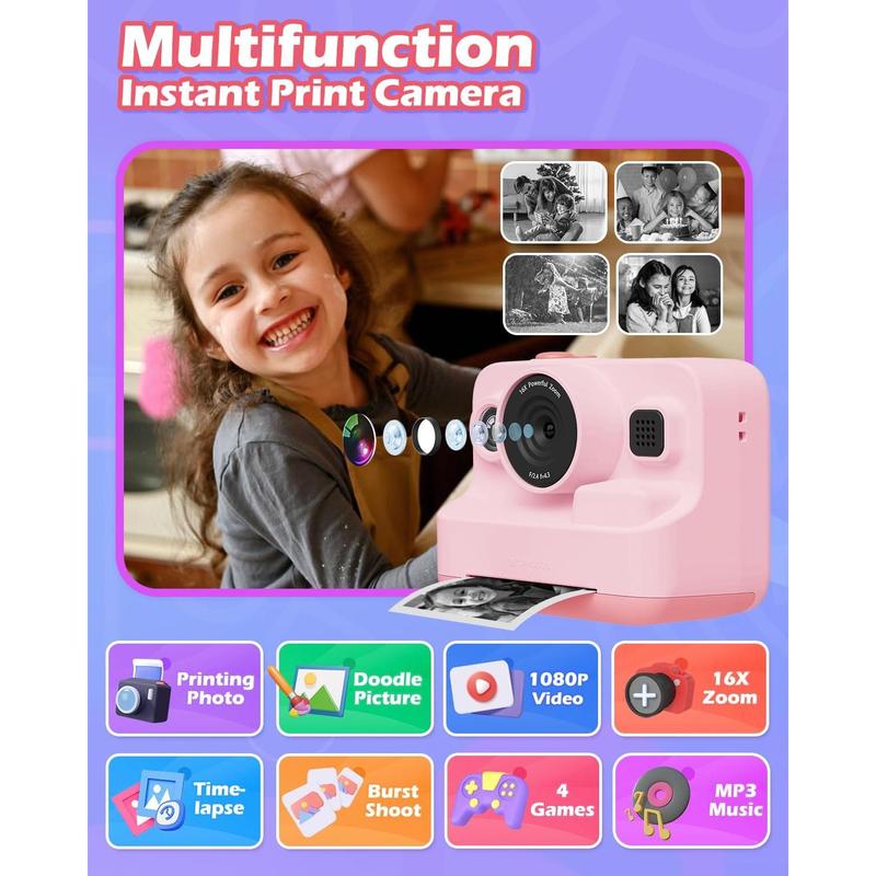 Instant Print Camera for , 2.4 Inch Screen  Camera for Girls with 3 Print Paper, Birthday Gift for Girls Boys  3-12, 1080P Instant Camera Toys for  6 7 8 Year Old Girl Pink