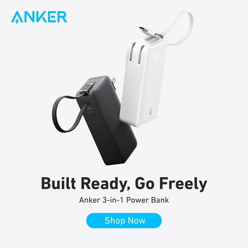 Anker 3in1 Power Bank Charger, 5,000mAh 10,000mAh Portable Charger with Built-in Cable and Foldable AC Plug, 30W Max, for iPhone, Galaxy, MacBook and More