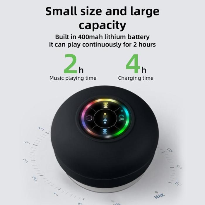 Mini Bluetooth Shower Speaker with LED light, Portable IPX4 Waterproof, Hands-Free Speakerphone. Rechargeable Using Micro USB, Wireless Stereo for Beach, Shower & Home Audio Button