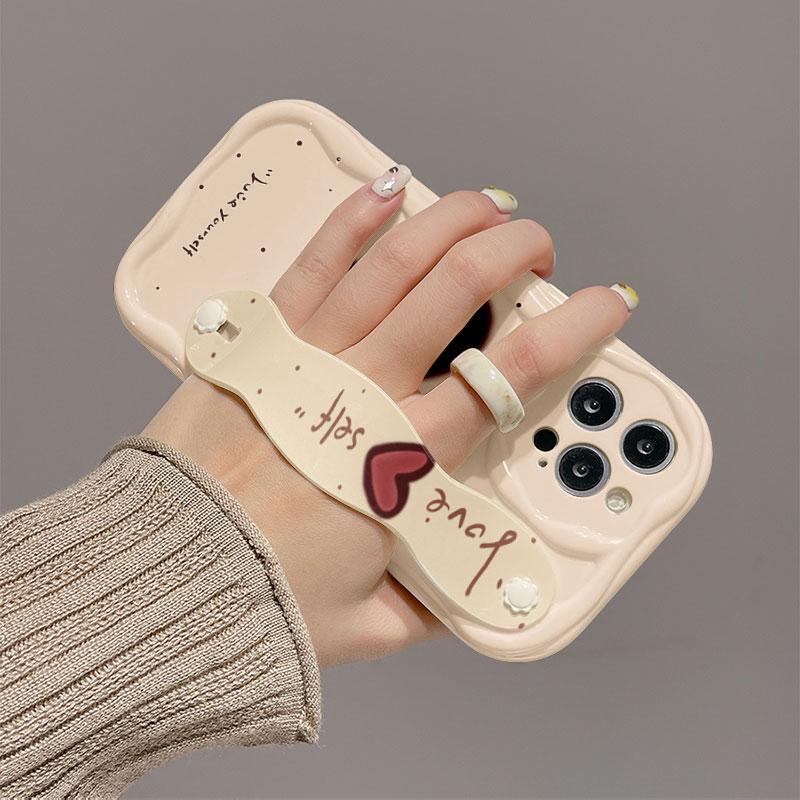 Creative Heart Pattern Phone Case with Wristband, Decorative Phone Protector Cover, Fashion Phone Accessories Compatible with iPhone 15 14 13 12 11 8 7 Series