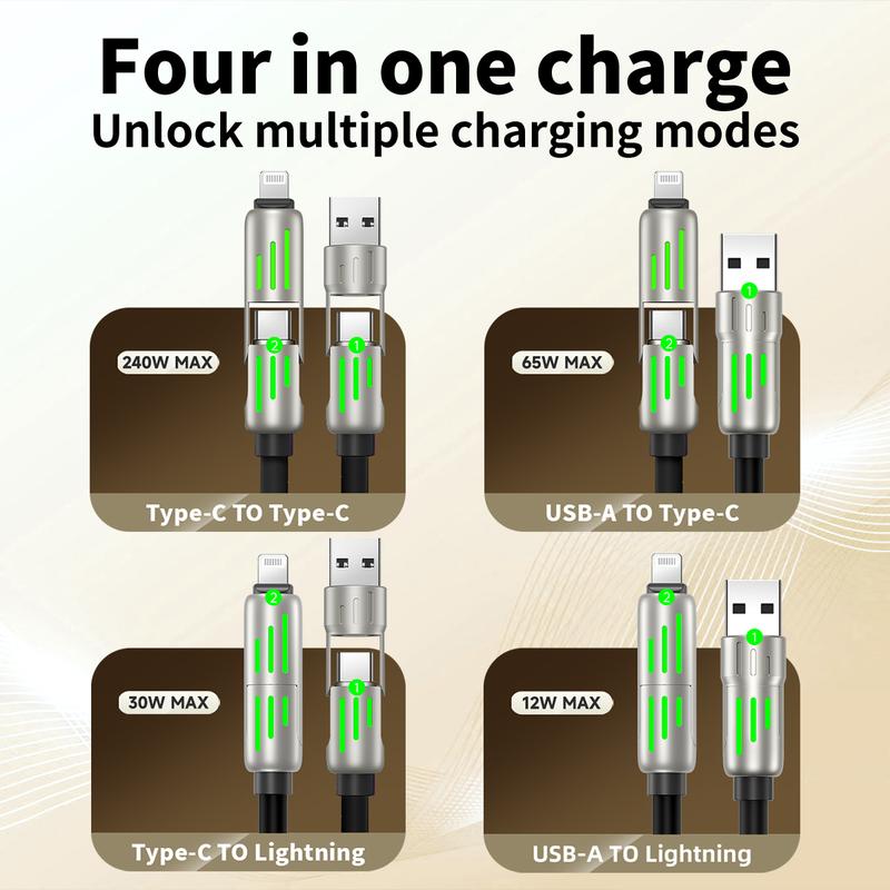 wanyted  4 in 1 USB Charging Cable (+ Free Storage Box) Fast Charging MAX 240W USB A+ TYPE C+ Lightning Multi-function Aluminum Alloy 240W for iPhone 15 14 Samsung Galaxy, Android Phones and Tablets iPad Pro