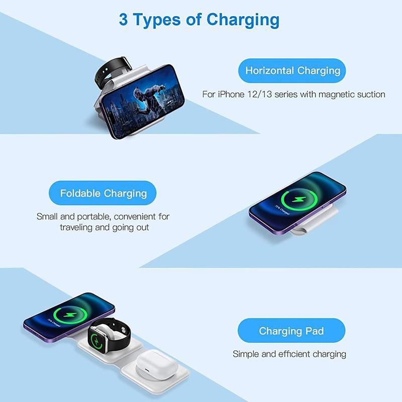 3 in 1 Fast Wireless Charging Pad, Magnetic Foldable 3 in 1 Charging Station, Compatible with iPhone 15 14 Pro ProMax Plus 13 12 11 XR XS Series, Apple Watch Ultra1, 2nd Generation Series 9 SE, AirPods 3 2 Pro (White),A must-have on the go! Waterproof