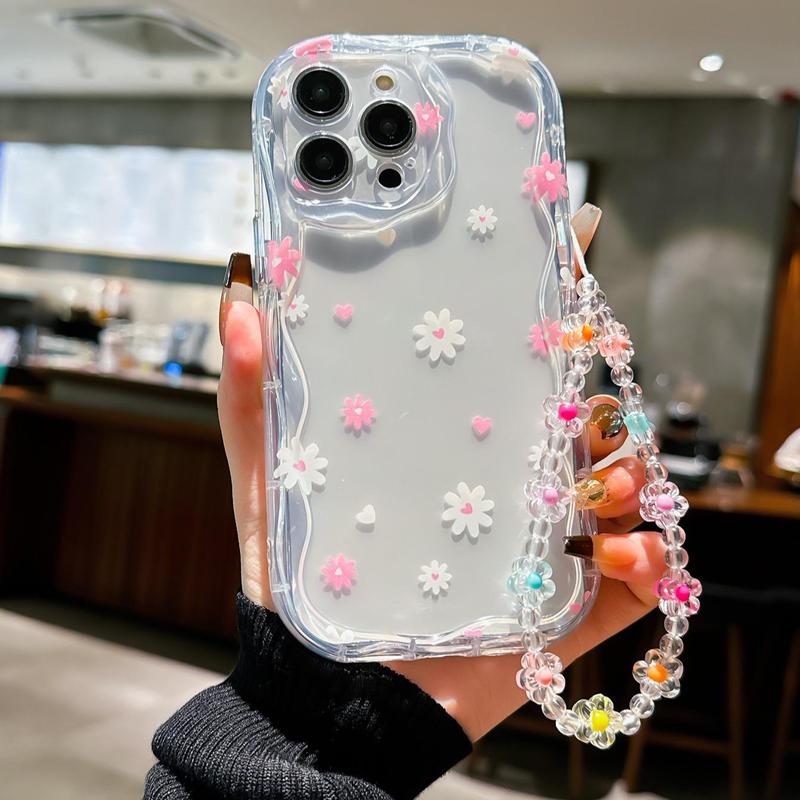 Cute Flower & Heart Decorative Phone Case with Lanyard, Shockproof Phone Protective Cover, Phone Accessories Compatible with iPhone 11 12 13 14 15 Pro Max