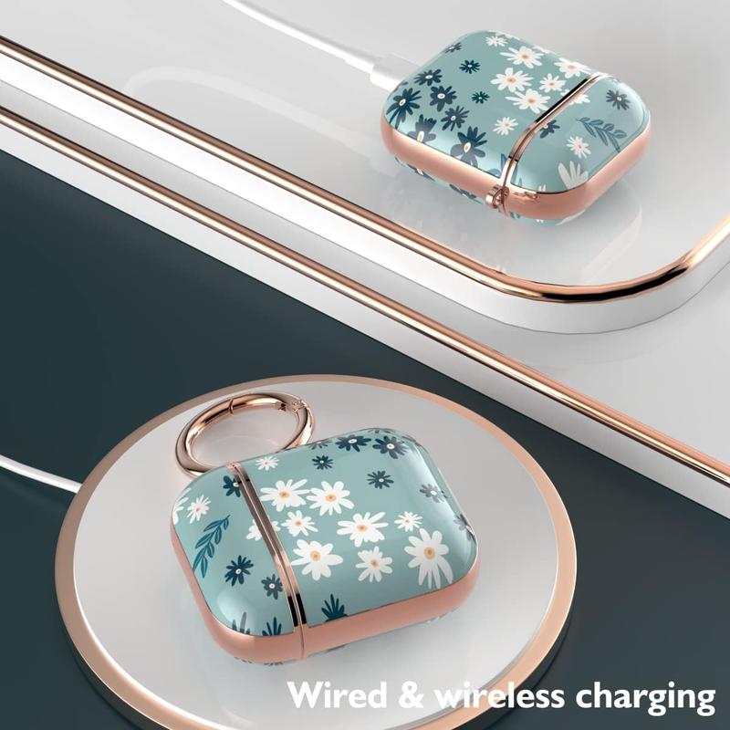 Case Cover for AirPods 1&2, Stylish AirPods Case for Women Girls, Flower Patterns Protective Hard Case with Clip (Cyan)