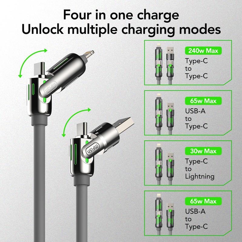 MFish 240W 4-in-One USB Charging Cable (+Free Storage Bag), Fast Charging,USB A+TYPE C+ Lightning Multi Functional Aluminum Alloy, Smartphone