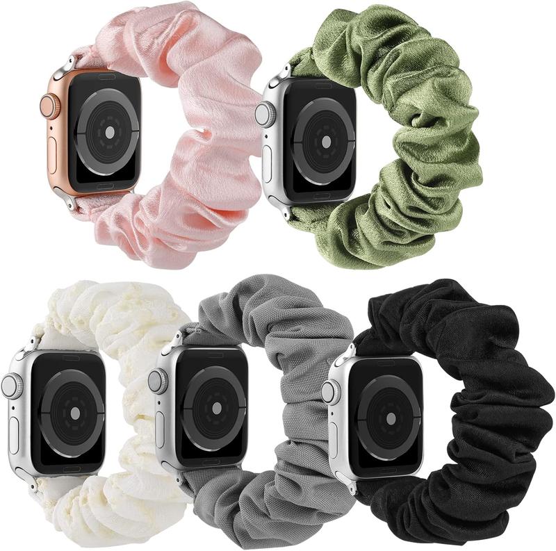 5Packs Elastic Band Solo Loop Scrunchie Bands Compatible with  Watch Series 9 8 7 (45mm) Series 6 5 4 SE (44mm) Series 3 2 1 (42mm), Women Bracelet Strap Compatible with iWatch 45 44 42,L