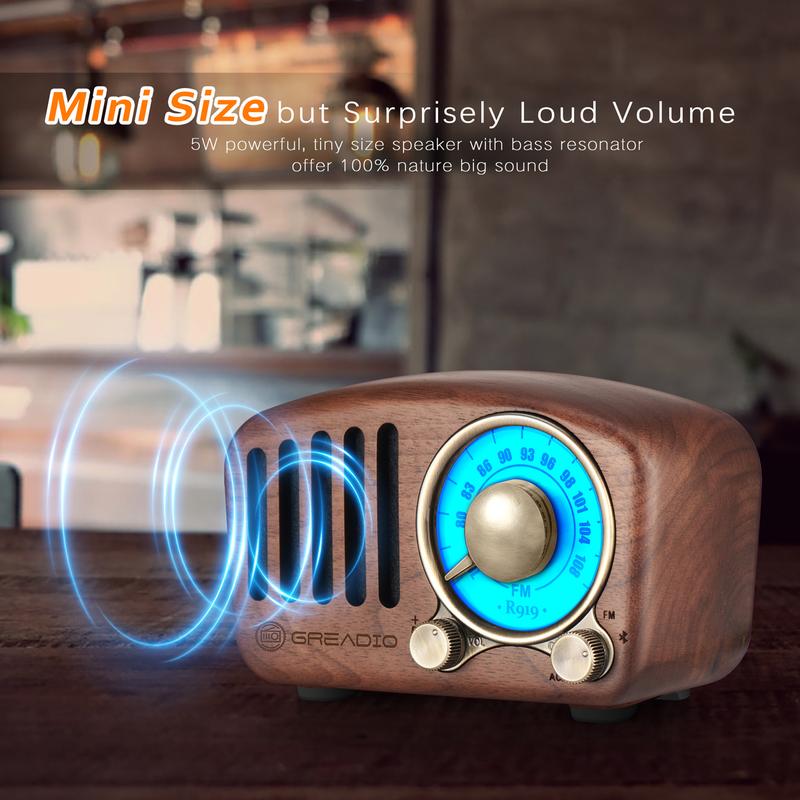 Vintage Greadio Walnut Wood 5.0Bluetooth Speaker Radio -Bass Enhancement,Hifi,Android ios Windows, MP3&FM Radio,TF card Audio viral Smartphone