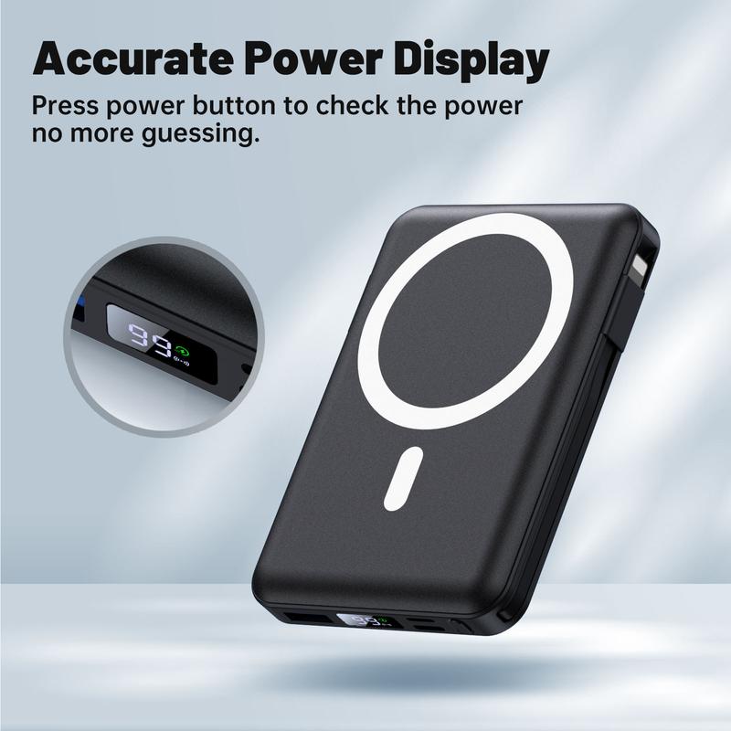 Yiisonger Magnetic Wireless Power Bank - 10000mAh Portable Charger 22.5W PD Fast Charging with Built-in Cables LED Display, Slim Magnetic Battery Pack for iPhone Accessories Smartphone Mobile Chargeable