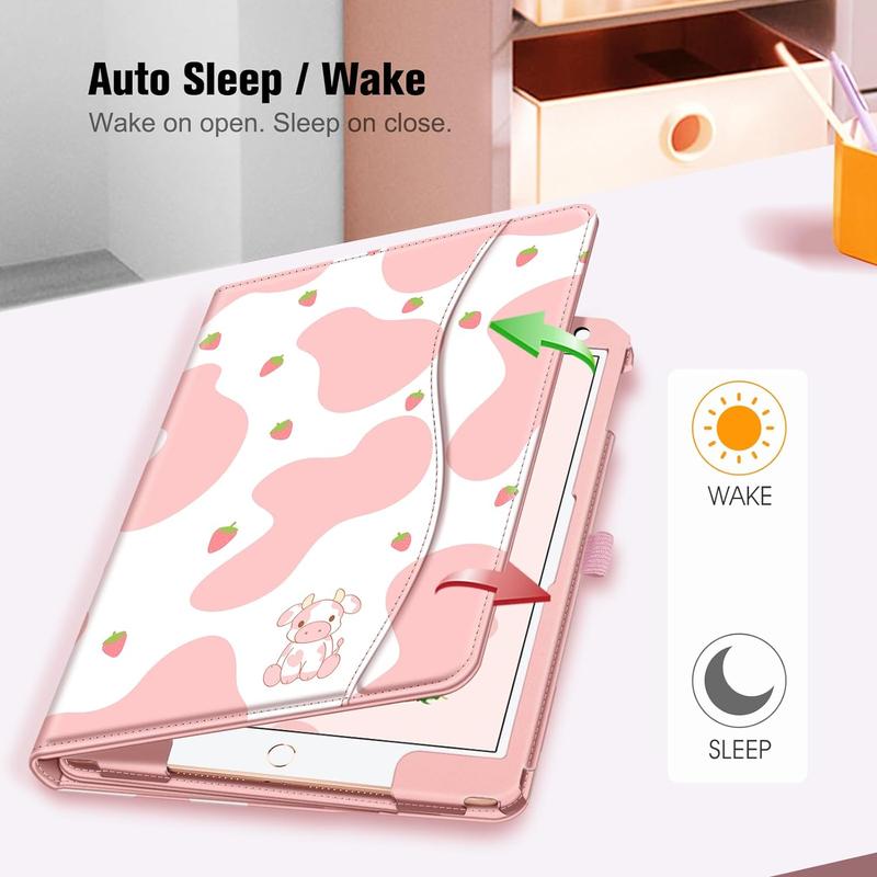 Multi-Angle Viewing Stand Cover with Pocket & Pencil Holder, Auto Sleep Wake, Strawberry Cow