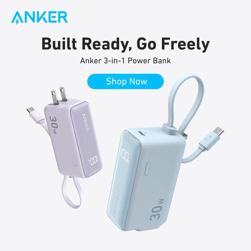 Anker 3in1 Power Bank Charger, 5,000mAh 10,000mAh Portable Charger with Built-in Cable and Foldable AC Plug, 30W Max, for iPhone, Galaxy, MacBook and More