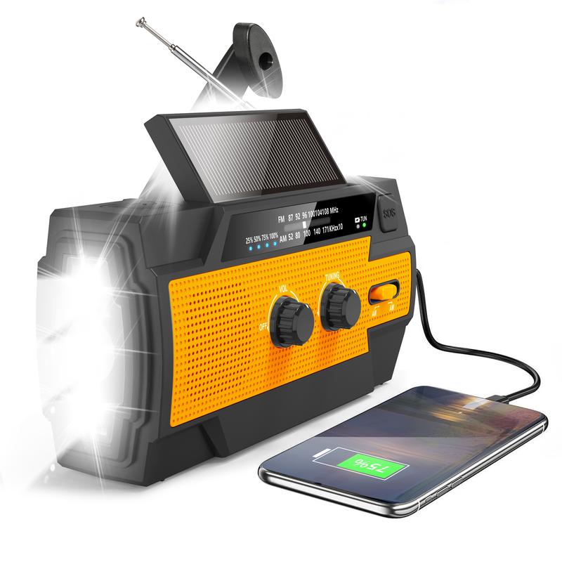 4000mAh Solar Hand Crank Weather Radio, AM FM NOAA, 3-Mode Flashlight, Motion Sensor & SOS for Hurricane Preparedness & Outdoor Use Solar Hand Crank Emergency Radio